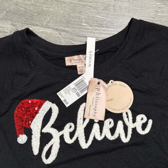 Philosophy Believe Santa Hat fur Sequin black Sweatshirt Cozy Winter NWT $68 2X - Picture 5 of 6